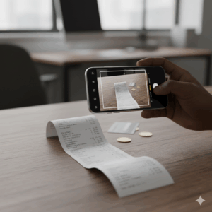 Freelancer scanning a receipt with a smartphone for digital record-keeping.