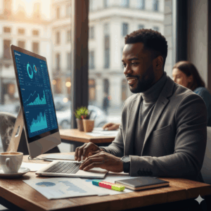 Entrepreneur working confidently with financial tools