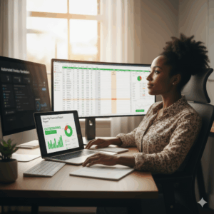 Spreadsheet next to laptop showing live financial data