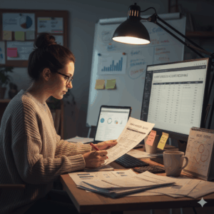 A relaxed entrepreneur working confidently with organized financial documents.