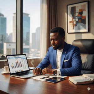 Nigerian entrepreneur reviewing profit and loss records
