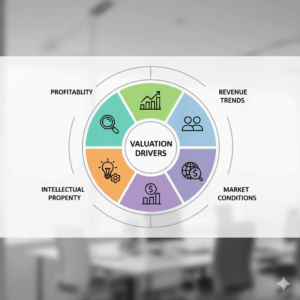 Key factors that influence business value such as revenue trends, market conditions, and intellectual property