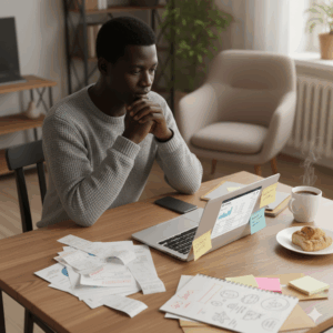 Freelancer reviewing messy finances at desk