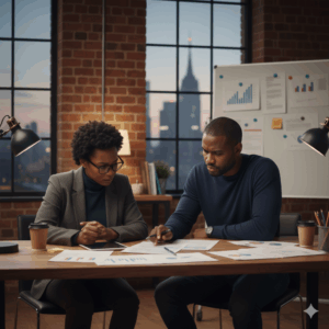 Founders reviewing equity documents together