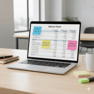 Balance sheet showing assets, liabilities, and equity