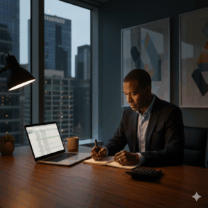 Business owner analyzing expenses with notebook and calculator