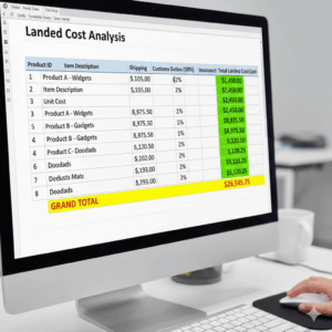 Spreadsheet showing landed cost calculations with totals highlighted.