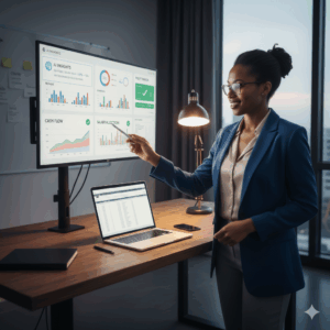 entrepreneur reviewing financial dashboard with AI insights