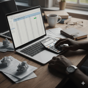 Entrepreneur using calculator and laptop to calculate CAC