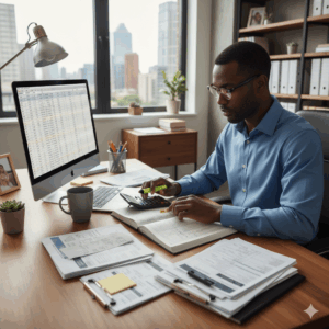 Accountant analyzing expense records at desk