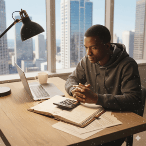 Founder planning budget with notebook and calculator