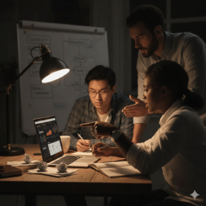 Small startup team discussing growth plans