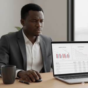 A Nigerian business owner looking at a laptop showing charts, with a slightly puzzled but focused expression.