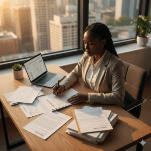 founder reviewing business structure documents 
