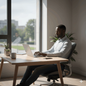 Founder calmly reviewing reconciled monthly books using AI