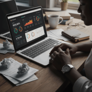 Founder confidently reviewing financial dashboard on screen