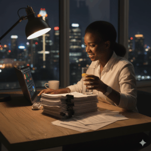 Entrepreneur organizing financial paperwork and laptop