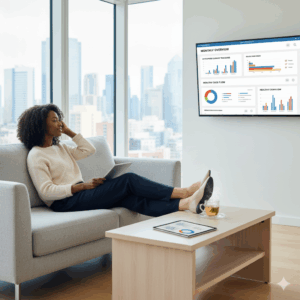 founder relaxed while reviewing automated financial dashboard