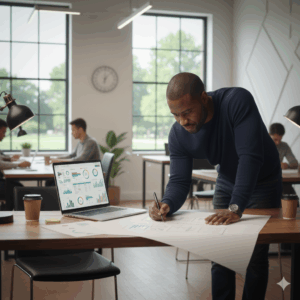 Entrepreneur sketching financial scenarios on paper