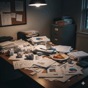 Disorganized financial paperwork on desk