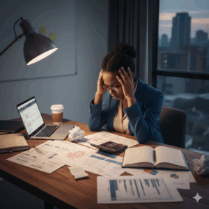 founder stressed while reviewing financial documents