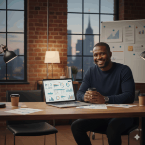 Founder confidently reviewing financial dashboard on laptop