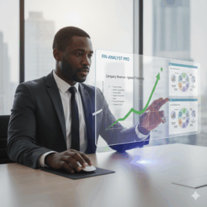 Entrepreneur using AI tools to improve business valuation with a digital financial dashboard.