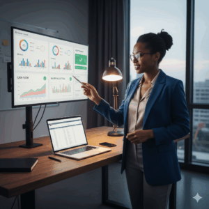 founder confidently reviewing financial dashboard