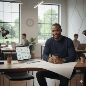 Founder confidently reviewing financial dashboard