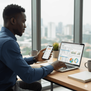 Nigerian entrepreneur reviewing cash flow records during audit preparation