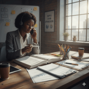 Business owner on a call with a supplier, reviewing documents on a desk. 