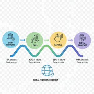 Diagram showing financial inclusion services such as banking, loans, and digital payments for entrepreneurs.
