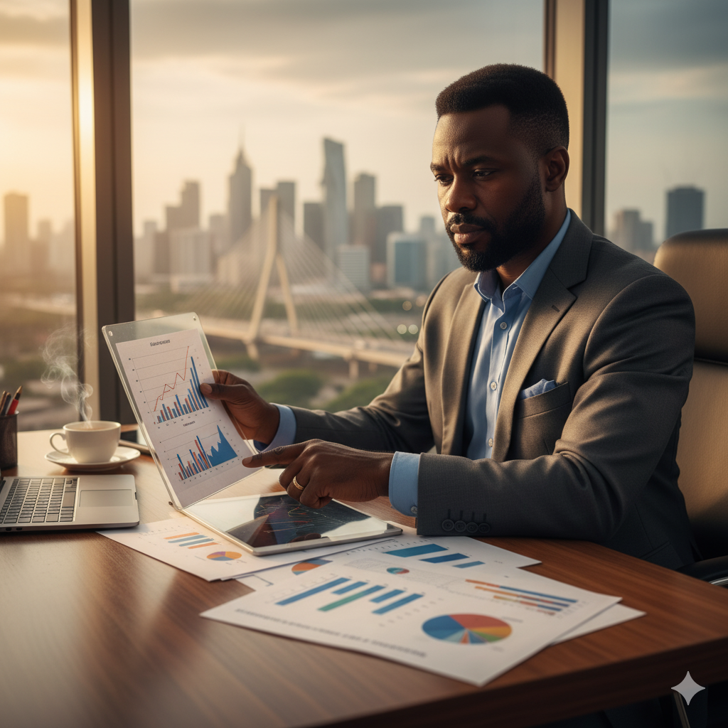 Nigerian business owner analyzing financial documents for sustainable financing