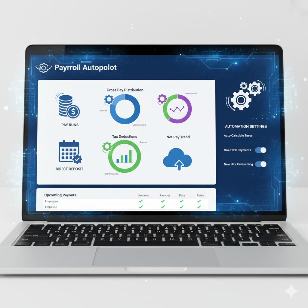 Automated payroll processing dashboard on laptop for small business finance management