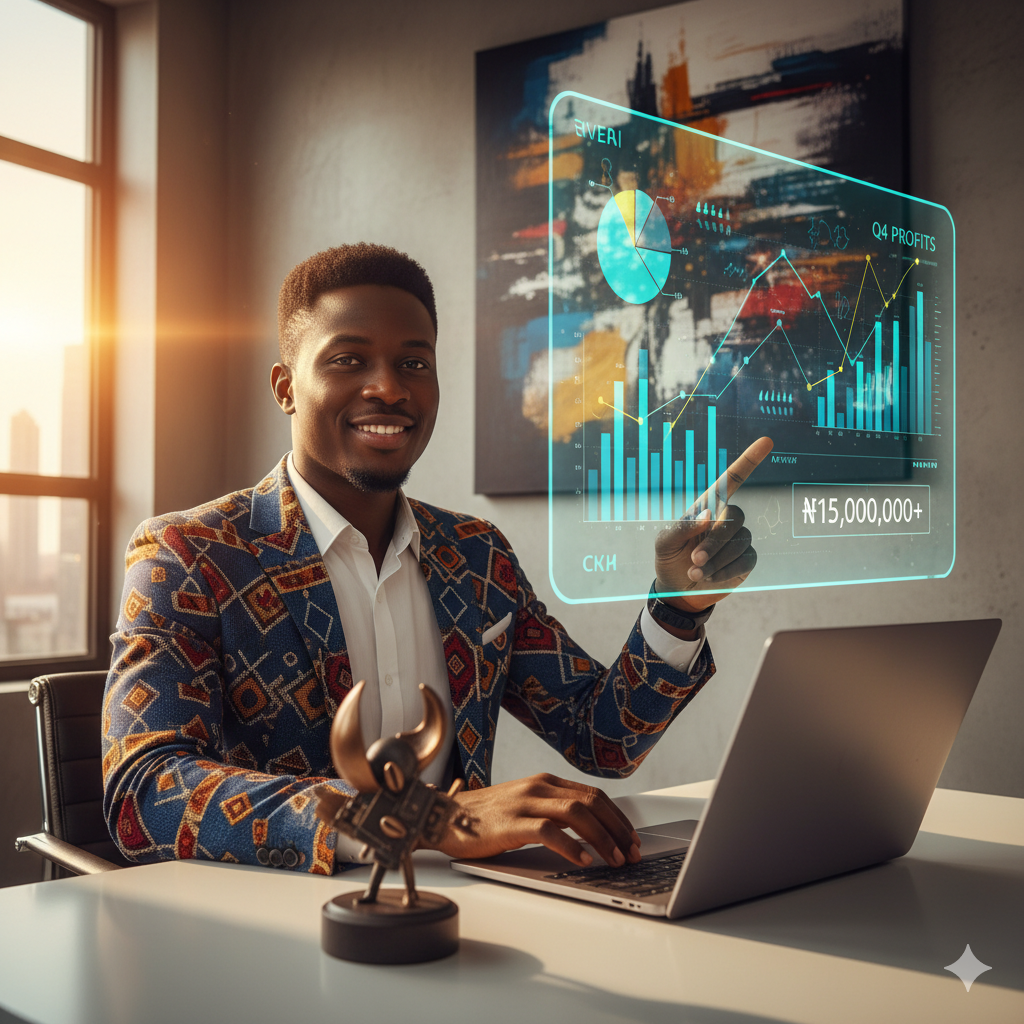 Young Nigerian professional managing income tax on laptop using Zaccheus AI CFO.