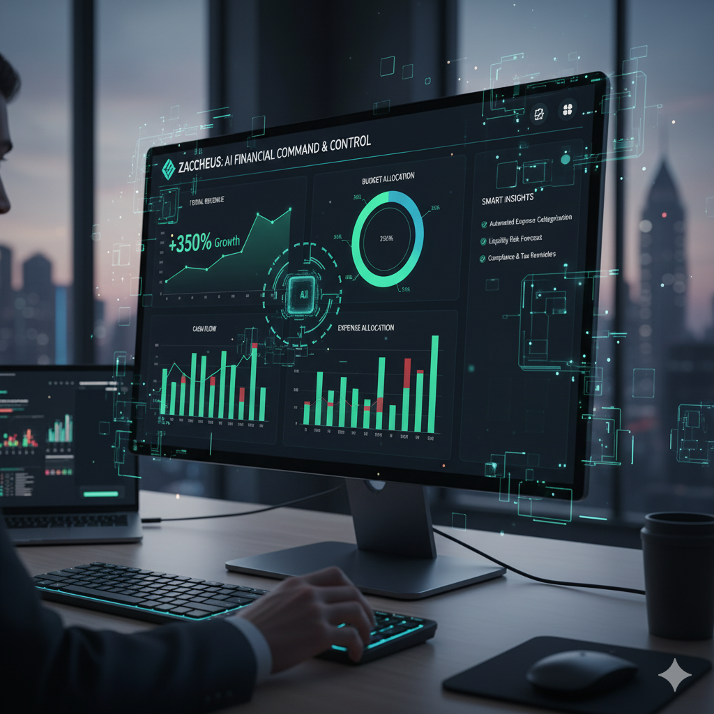 A dashboard / UI of an accounting software with charts and AI-like visuals